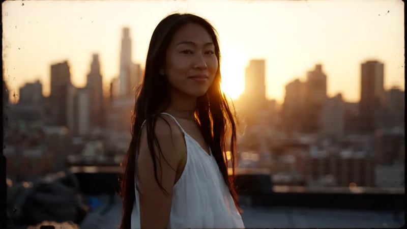 Veo 3.1 Lite video: a young woman on a rooftop at golden hour with the city skyline behind her