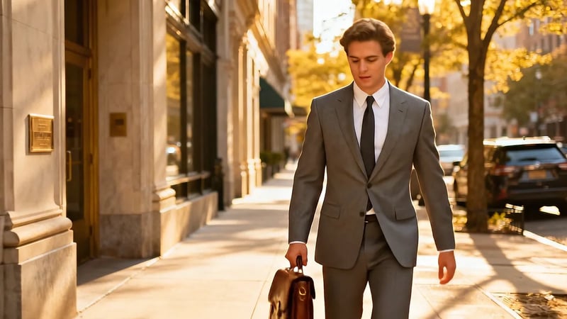Veo 3.1 image to video: a man in a grey suit with a briefcase walking down a sunlit city street before slipping