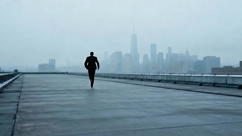 Veo 3.1 video: a man in a dark suit running across an empty rooftop deck with a misty city skyline behind