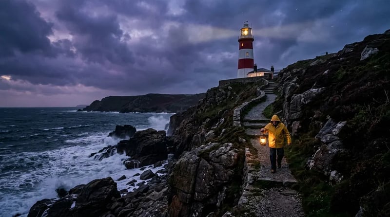 Nano Banana 2 image: a red-and-white lighthouse on a rocky cliff at dusk with a keeper carrying a lantern